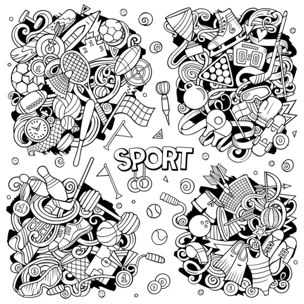 Sports Cartoon Vector Doodle Designs Set Line Art Detailed Compositions — Stock Vector