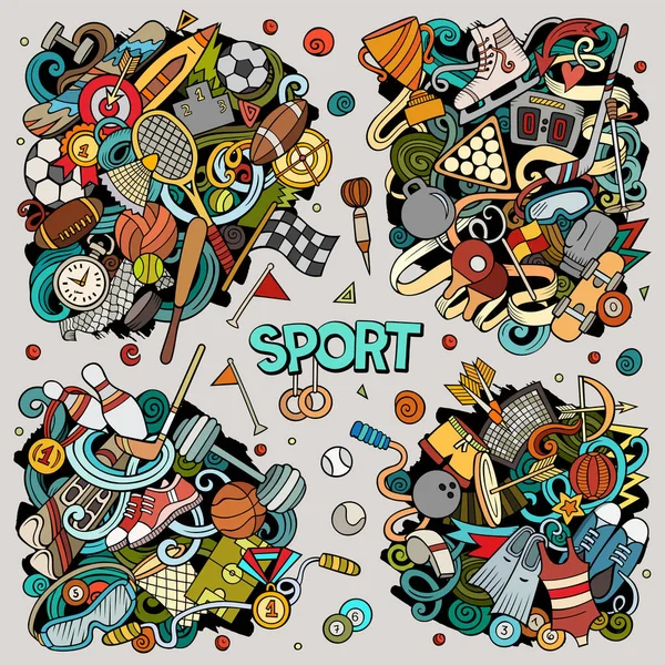 Sports Cartoon Vector Doodle Designs Set Colorful Detailed Compositions Lot — Stock Vector