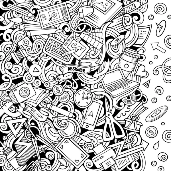 Cartoon Vector Doodles Cartão Design Esboço Detalhado Com Muitos Objetos —  Vetores de Stock