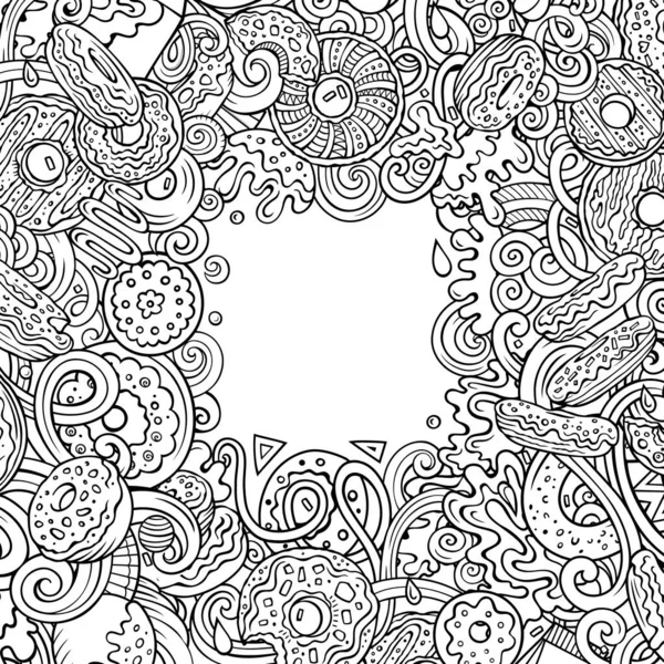 多努兹手绘矢量涂鸦图解 糖果框架卡片的设计 甜甜圈元素和对象卡通背景 线条艺术有趣的边界 所有项目都分开 — 图库矢量图片