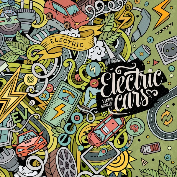 Cartoon Cute Bazgroły Elektryczne Pojazdu Karty Ramki Kolorowe Szczegóły Dużą — Wektor stockowy