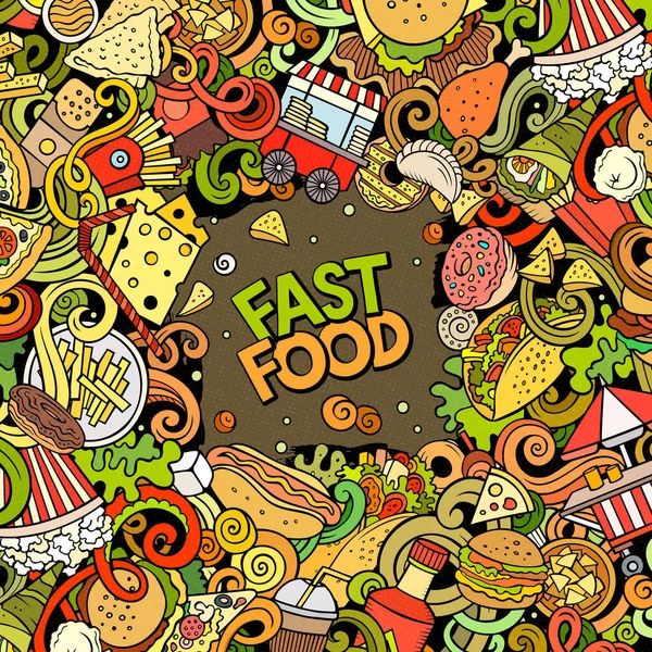 Fastfood Hand Drawn Vector Doodles Illustration Fast Food Frame Card — Stock Vector