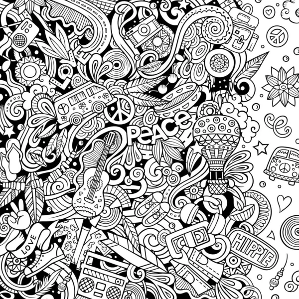Hippie Hand Drawn Vector Doodles Illustration Hippy Frame Card Design — Stock Vector