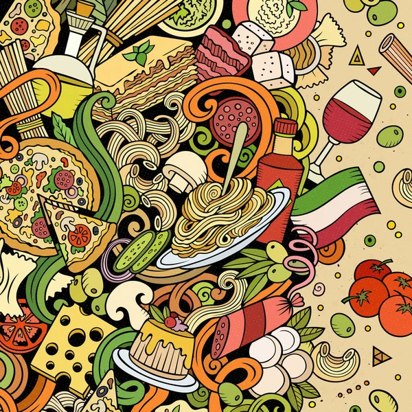 Cartoon Vector Doodles Italian Food Frame Colorato Dettagliato Con Sacco — Vettoriale Stock