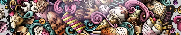 アイスクリームの手の落書きのバナーを描いた 漫画ラスターの詳細チラシ 甘い食べ物のオブジェクトや記号とイラスト カラフルな水平線の背景 — ストック写真