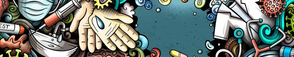 コロナウイルス手描きのドアバナー 漫画ラスターの詳細チラシ パンデミックの対象とシンボルのイラスト カラフルな水平線の背景 — ストック写真