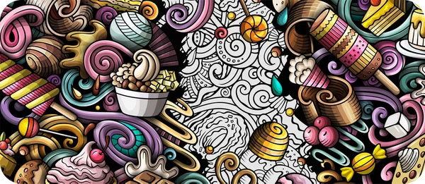 手描きのドアバナーをデザート 漫画ラスターの詳細チラシ お菓子のオブジェクトやシンボルとイラスト カラフルな水平線の背景 — ストック写真