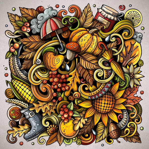 秋の漫画ラスタードールズイラスト 秋のポスターデザイン 季節要素とオブジェクトの背景 明るい色面白い画像 すべてのアイテムが分離 — ストック写真