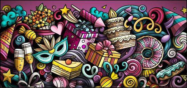 Feliz Aniversário Mão Desenhada Doodle Banner Desenhos Animados Folheto Detalhado — Fotografia de Stock