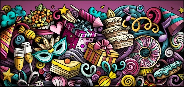 Buon Compleanno Disegnato Mano Doodle Banner Cartoon Raster Dettagliato Volantino — Foto Stock