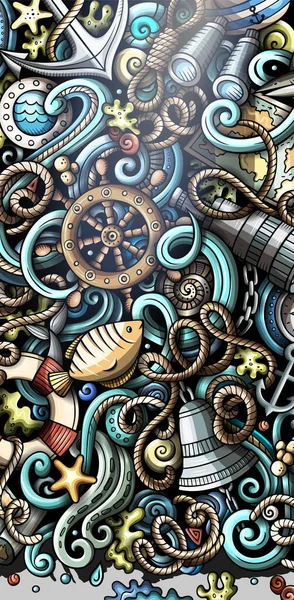 航海手画的涂鸦横幅 卡通光栅详细的传单 用海洋物体和符号说明 色彩斑斓的垂直背景 — 图库照片