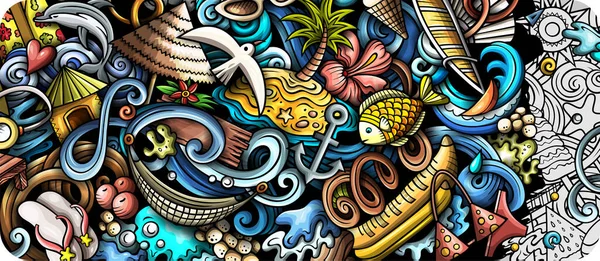 Praia Verão Mão Desenhada Doodle Banner Desenhos Animados Folheto Detalhado — Fotografia de Stock