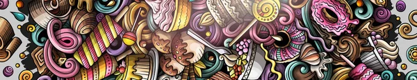 手描きのドアバナーをデザート 漫画ラスターの詳細チラシ お菓子のオブジェクトやシンボルとイラスト カラフルな水平線の背景 — ストック写真