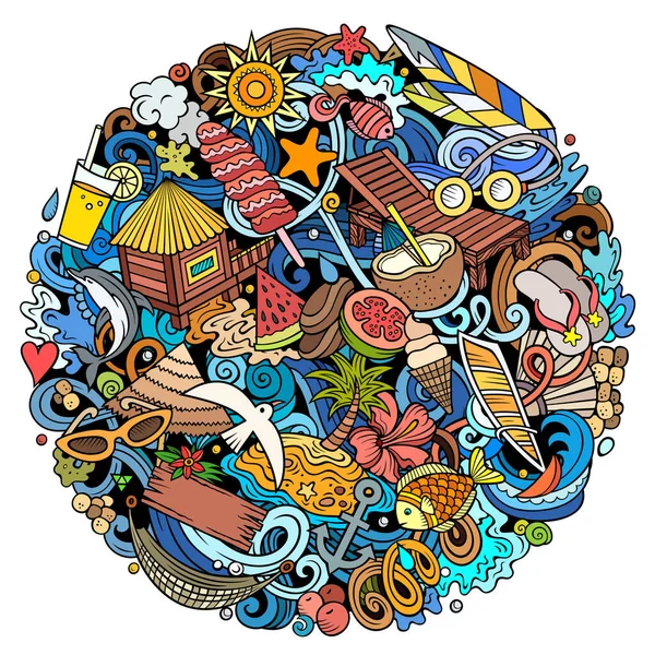 夏のビーチ漫画ラスタードールズイラスト 夏のポスターデザイン 季節要素とオブジェクトの背景 明るい色面白い画像 すべてのアイテムが分離 — ストック写真