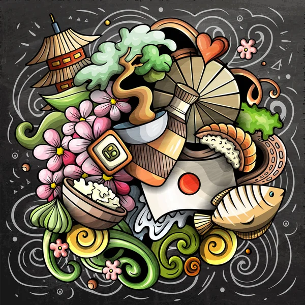 Japon Dessin Animé Raster Doodle Illustration Tableau Noir Composition Détaillée — Photo