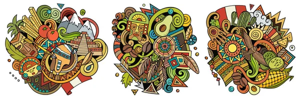 Peru Kreslené Rastrové Kreslení Kresby Set Barevné Detailní Kompozice Spoustou — Stock fotografie
