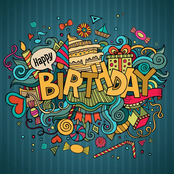 Birthday hand belettering en doodles elementen achtergrond. — Stockvector