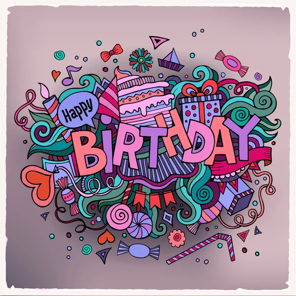 Birthday hand lettering and doodles elements background — Stock Vector