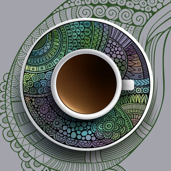 Xícara de café e ornamento desenhado à mão — Vetor de Stock