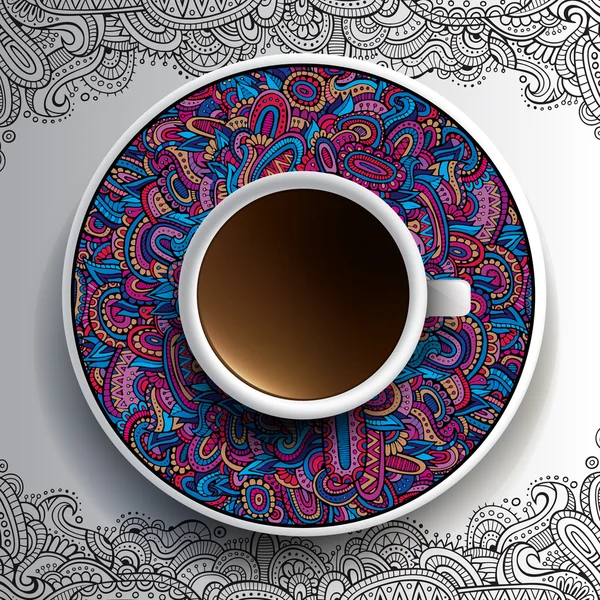 Tasse de café et ornement dessiné à la main — Image vectorielle