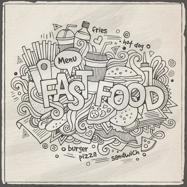 Fast food mano lettering e scarabocchi elementi di sfondo . — Vettoriale Stock