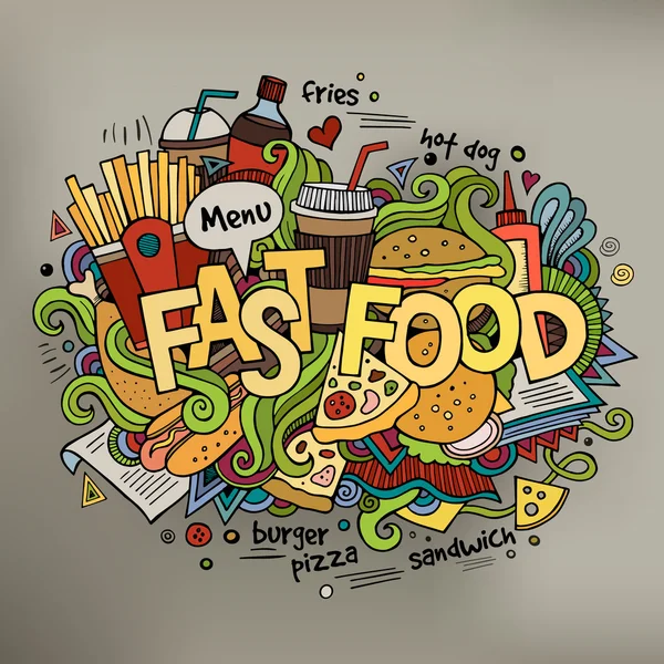 Fast-food hand belettering en doodles elementen achtergrond. — Stockvector