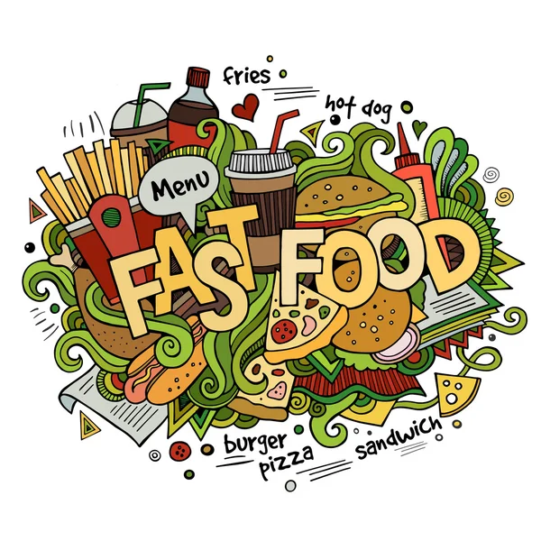 Fast food mano lettering e scarabocchi elementi di sfondo — Vettoriale Stock