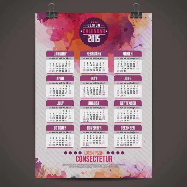 Calendar with watercolor paint 2015 — Stock Vector