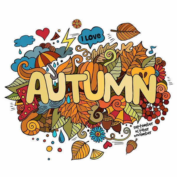 Autumn hand lettering and doodles elements background. — Stock Vector