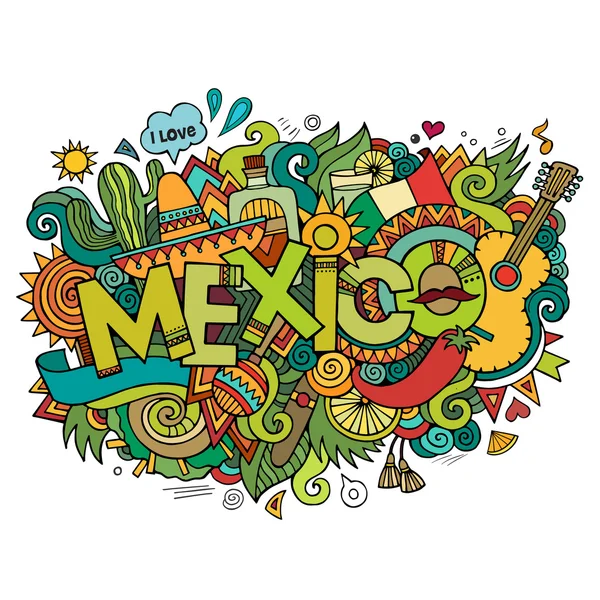 México letras a mano y doodles elementos fondo — Vector de stock
