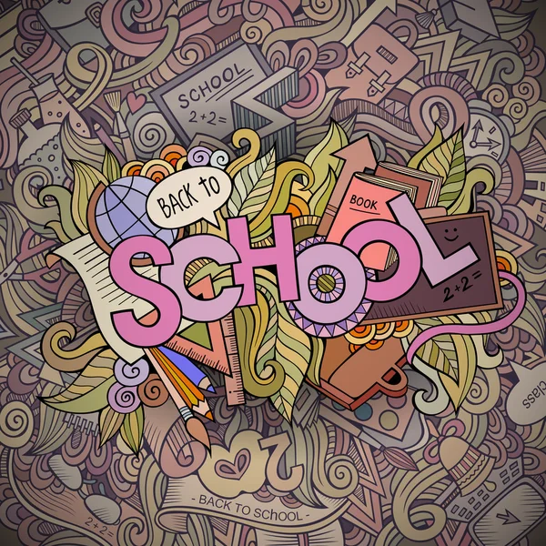 School cartoon hand belettering en doodles elementen achtergrond — Stockvector