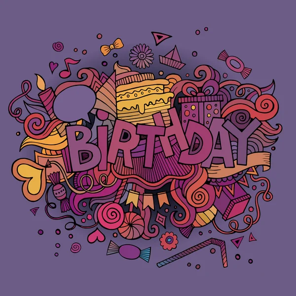 Birthday hand lettering and doodles elements background — Stock Vector