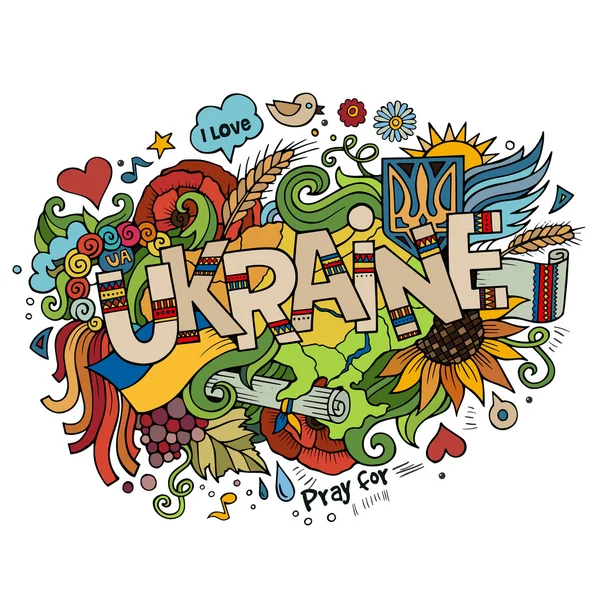 Ukraine hand lettering and doodles elements background — Stock Vector