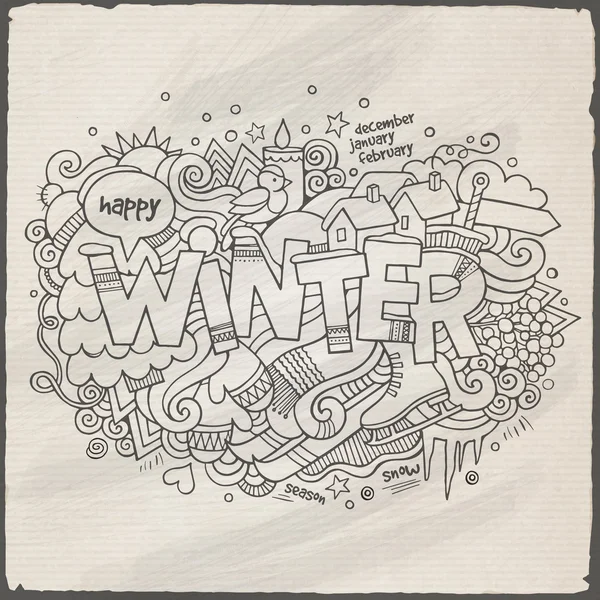 Winter Hand Schriftzug und Doodles Elemente Hintergrund — Stockvektor