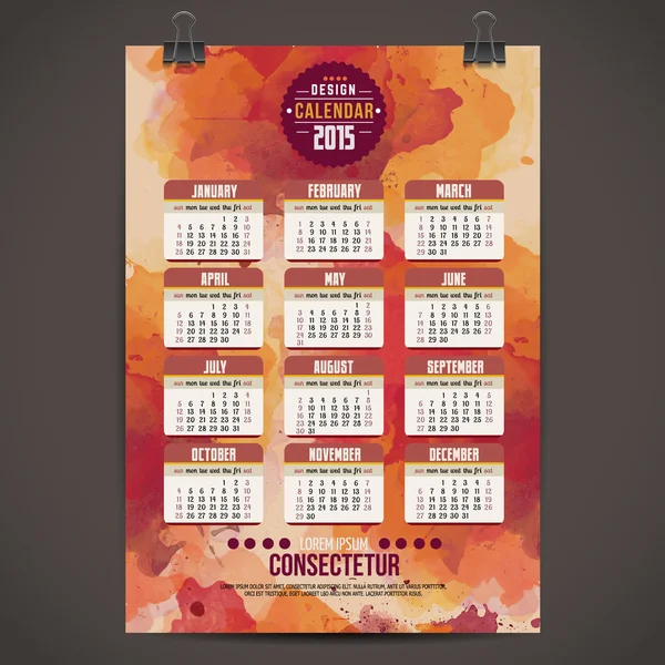 Calendar with watercolor paint 2015 design — Stock Vector