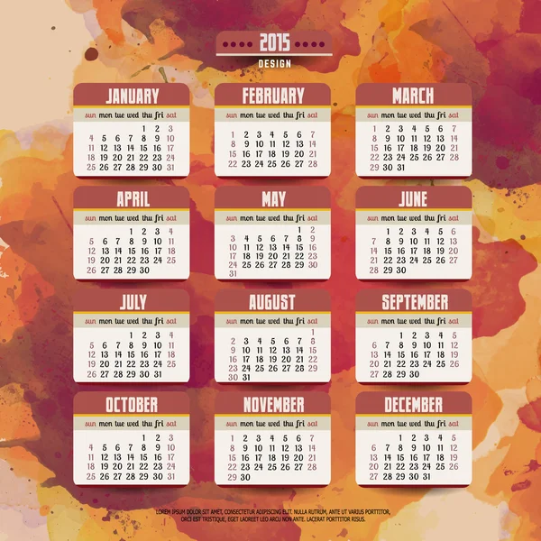 Calendar with watercolor paint 2015 design — Stock Vector