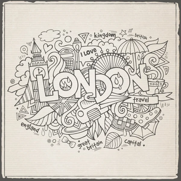 Londres letras mão e doodles elementos de fundo —  Vetores de Stock