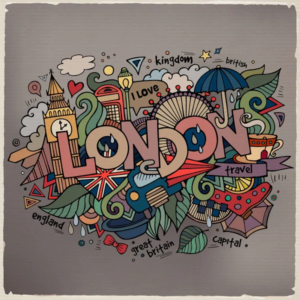 Londen hand belettering en doodles elementen achtergrond. — Stockvector