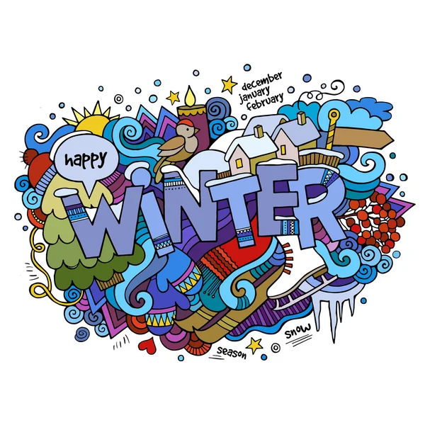 Inverno mão lettering e doodles elementos de fundo — Vetor de Stock