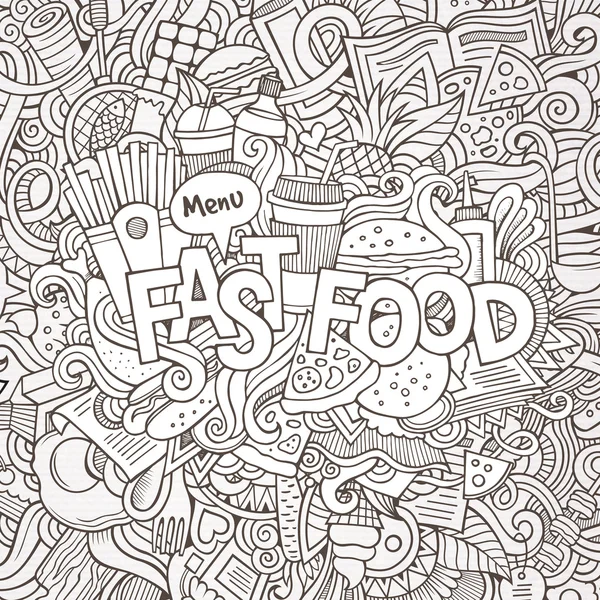 Fast food mano lettering e scarabocchi elementi di sfondo — Vettoriale Stock