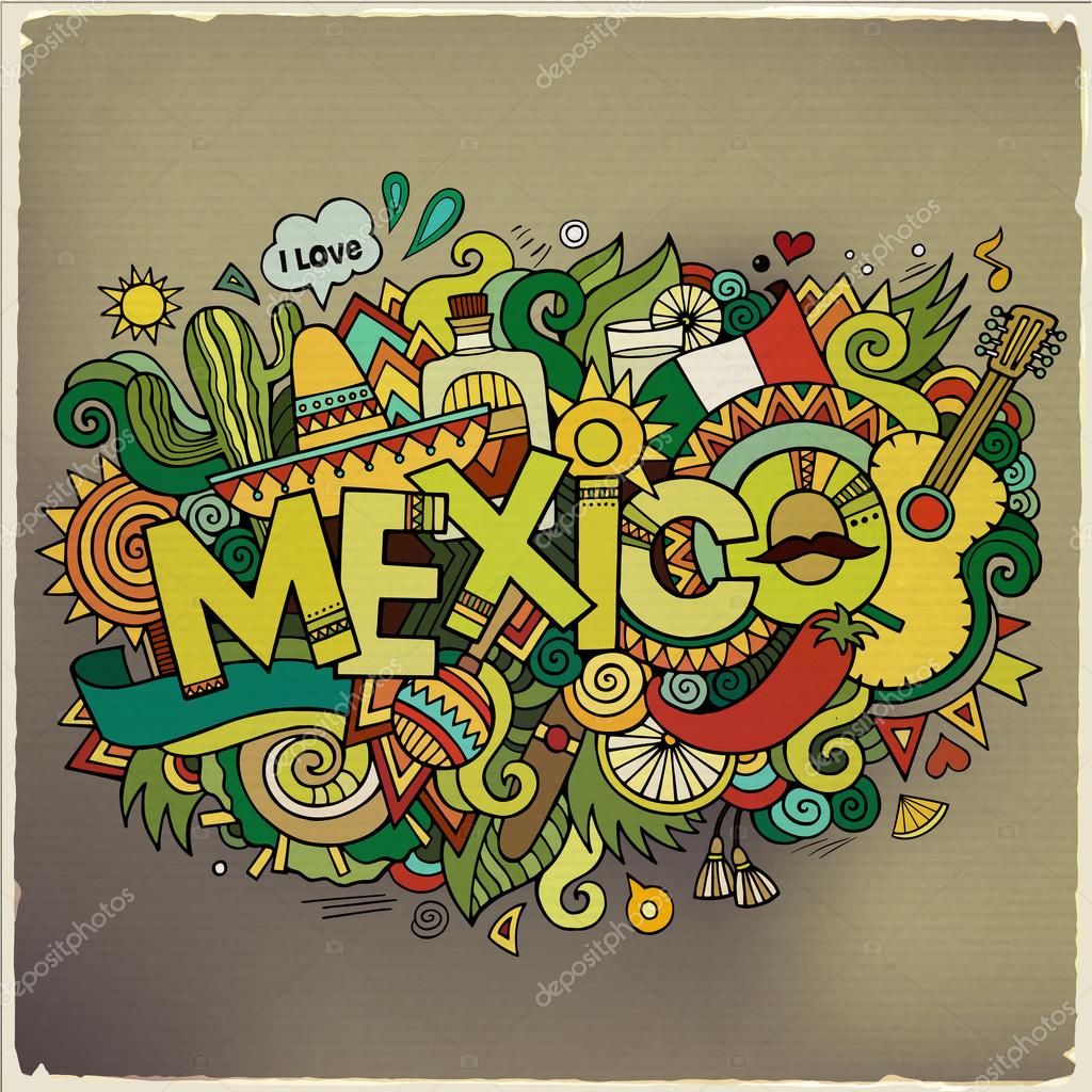 Mexico hand lettering and doodles elements background. Vector illustration