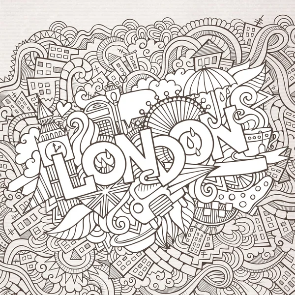 Londen hand belettering en doodles elementen achtergrond. — Stockvector