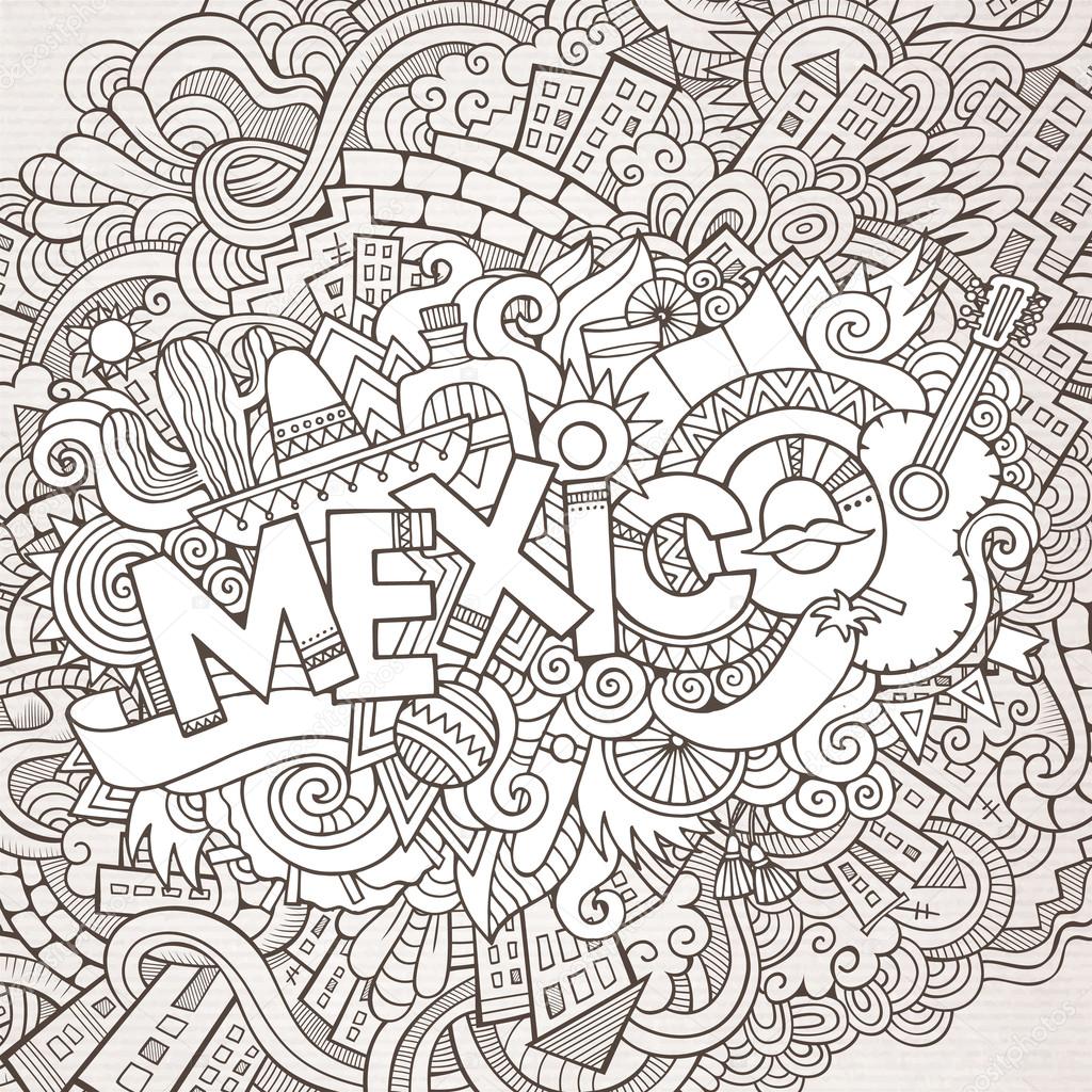Mexico vector hand lettering and doodles elements background