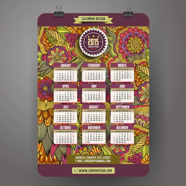 Doodles dessin animé floral Calendrier 2015 année design, Anglais, Sunda — Image vectorielle