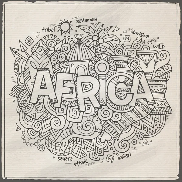 África lettering mão e doodles elementos de fundo —  Vetores de Stock