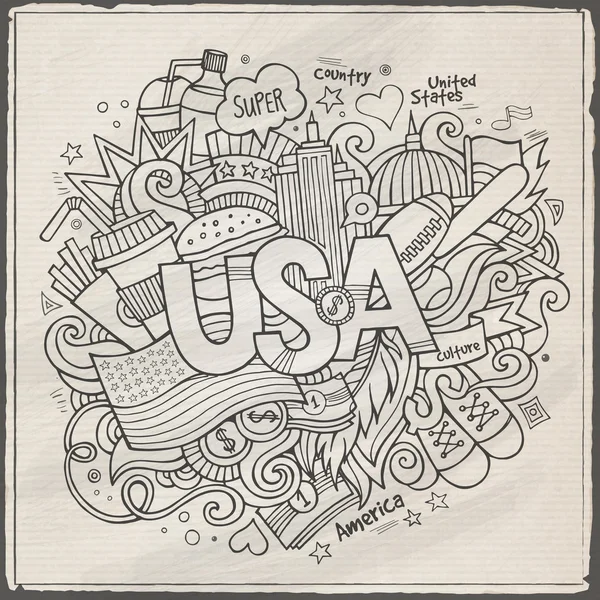 USA hand lettering and doodles elements background — Stock Vector