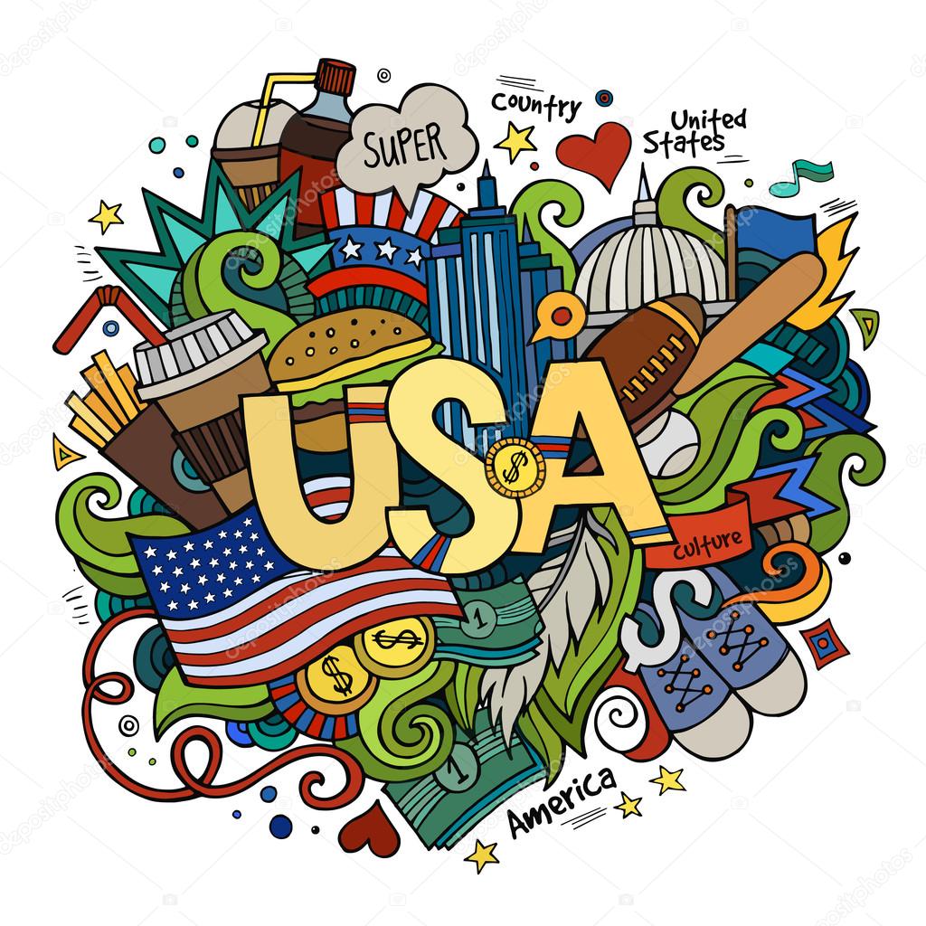 USA hand lettering and doodles elements background. Vector illustration
