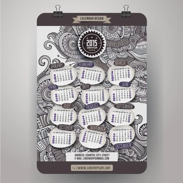 Doodles cartone animato ornamentale floreale Calendario 2015 anno di progettazione — Vettoriale Stock