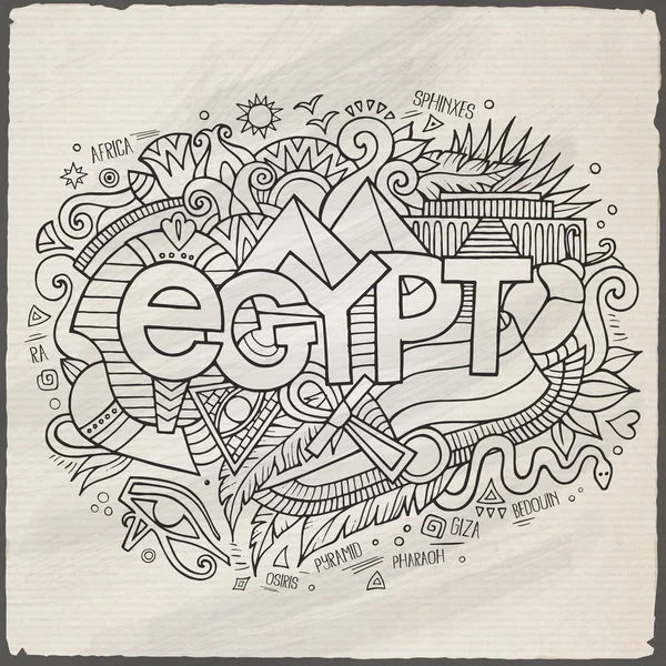 Egipto letras de mano y doodles elementos de fondo — Vector de stock