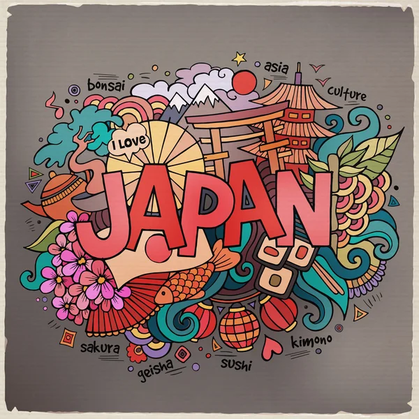 Japão lettering mão e doodles elementos de fundo — Vetor de Stock